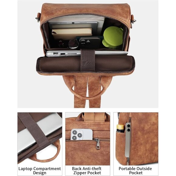 Women's Brown Retro Style Backpack Designer 15.6 inch PU Leather Laptop Bags - Picture 2 of 9